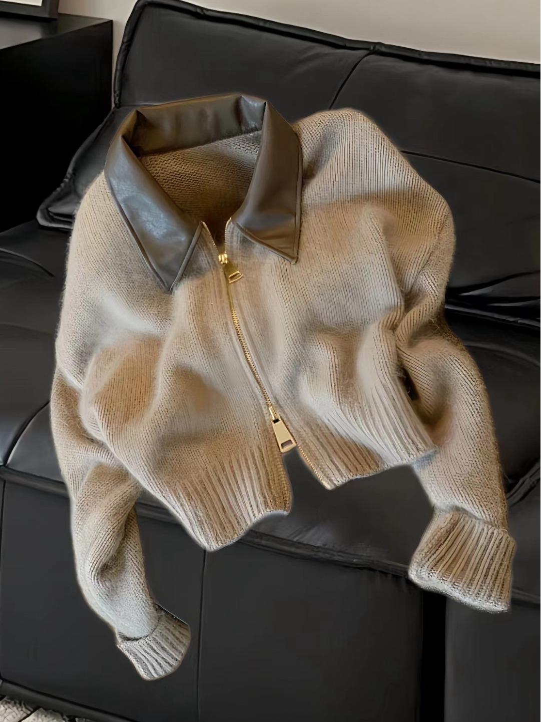 

European High-End Leather & Knit Polo Cardigan with Double Zipper - Raccoon Wool Sweater Coat for Women Small кофейный