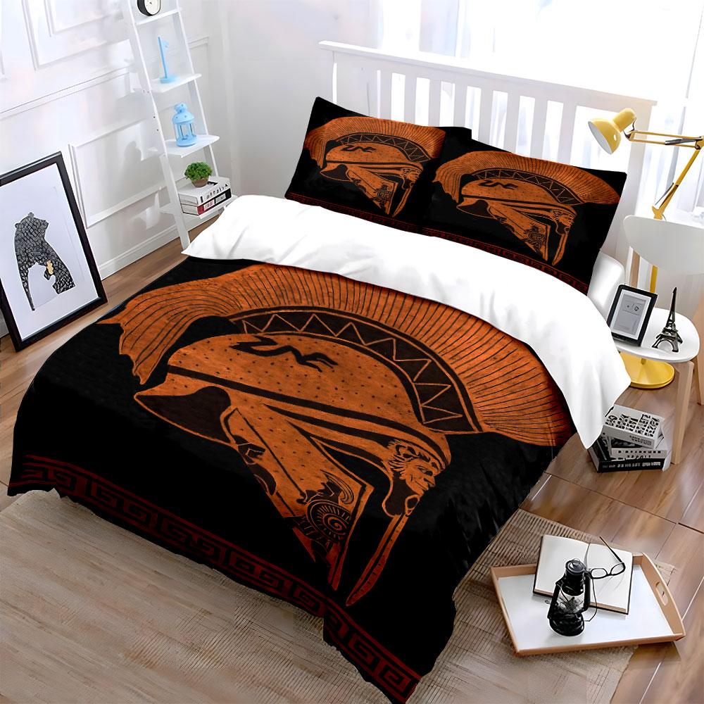 Ancient Greek Warrior Helmet Design Print Bedding Set Duvet Cover Pillowcases (1* Duvet Cover 2* Pillowcases Do Not Include Comforter)