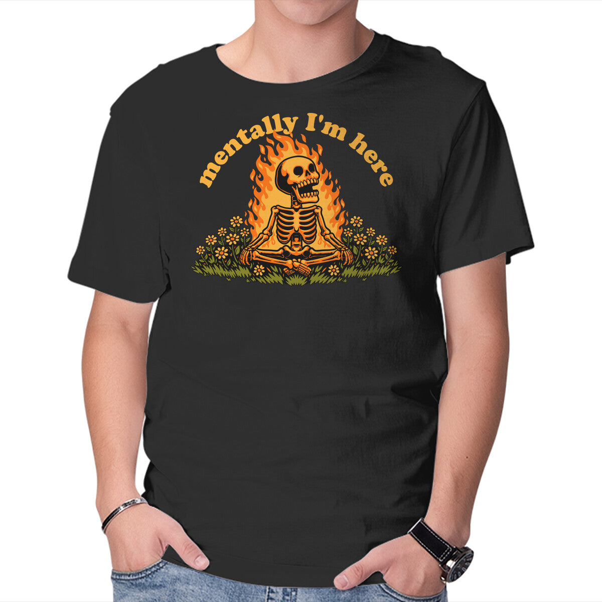 Unisex Crew Neck T-Shirt Mentally Here Skeleton Graphic Short Sleeve Casual Tee XL