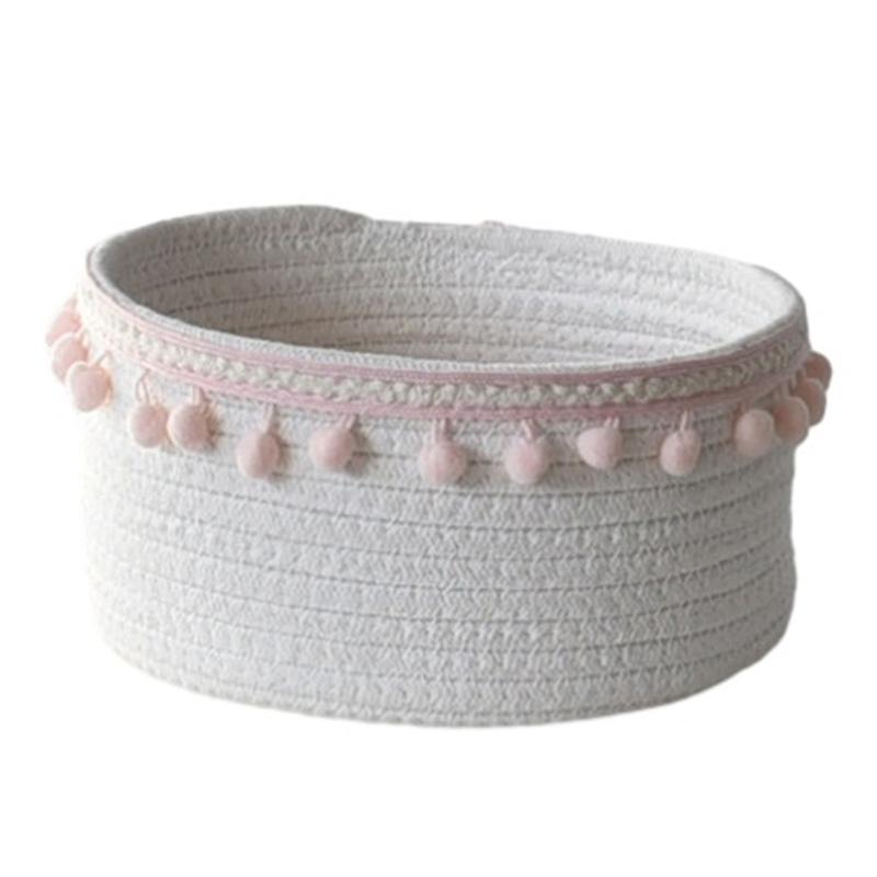 Woven Cotton Rope Storage Basket Desktop Storage Holder with Pompom Tassel