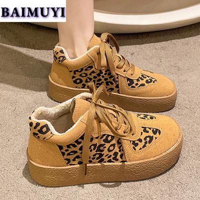 Leopard Women Flats Sneakers Platform Fur Shoes 2025 Winter New Short Plush Warm Sport Shoes Trend Fashion Hiking Mujer Zapatos