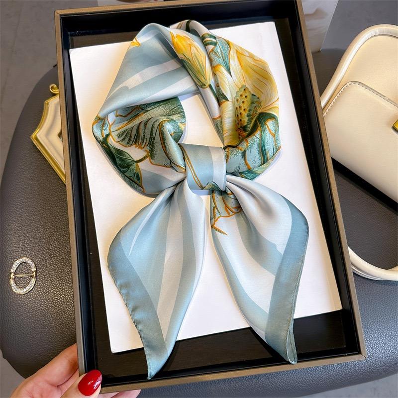New Retro Floral Print Silk Square Scarf for Women Soft Satin Kerchief Hairband Head Hijab Female Headband Handle Bag Ribbions