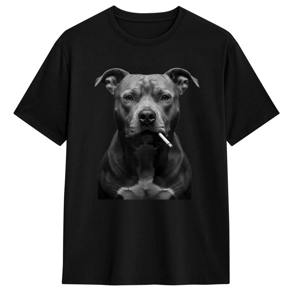 Tough Pitbull Dog Black White Canine Portrait Design Cotton T Shirt For Unisex Beach Vintage TShirts Hip Hop Tees Big Size Clothes