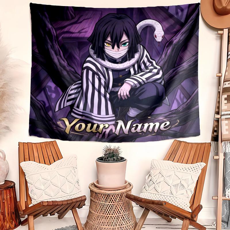 Iguro Obanai Tapestry with Custom Name Wall Hanging Room Background Cloth Home Decor Beach Mat Yoga Mat Sofa Bed Sheet
