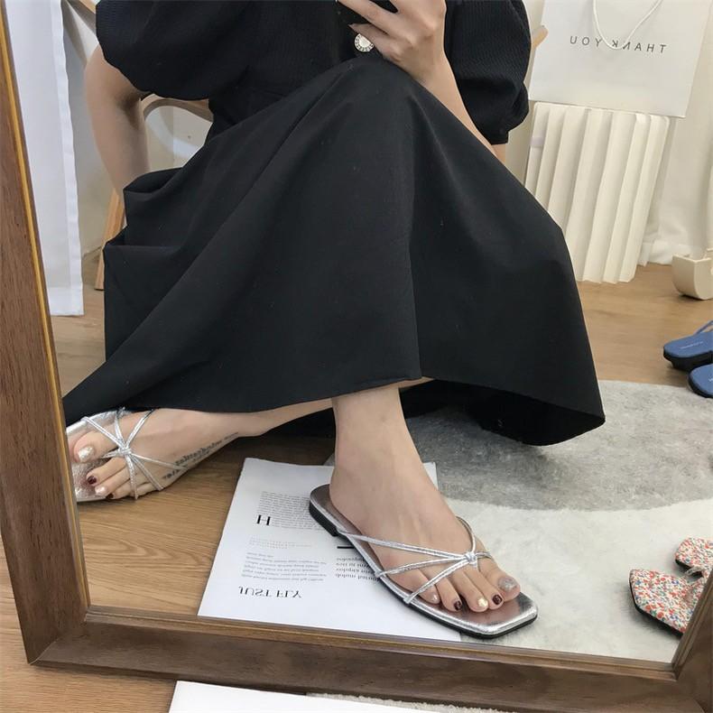 Spring 2025 new flat-bottomed cool slippers square-headed fairy style with skirt strap cover toe silver sandals women's shoes