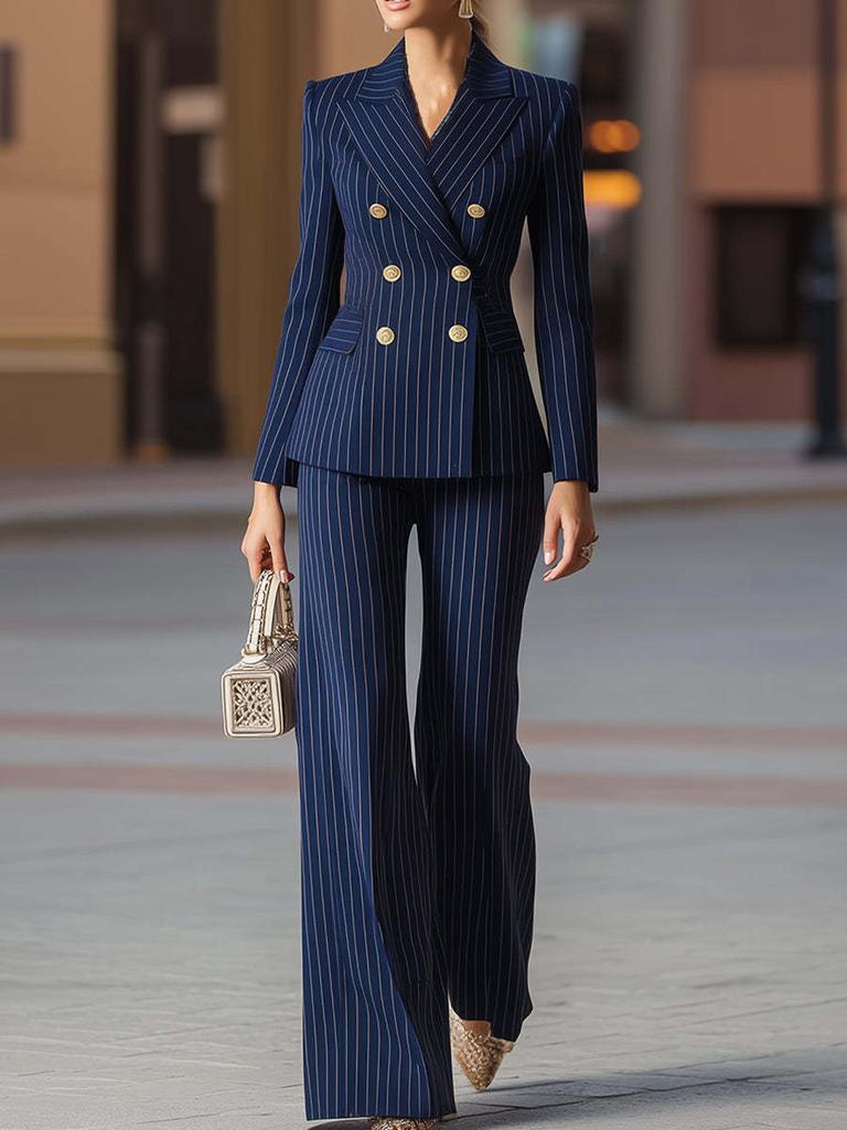 Autumn Hot Sale Temperamental Commute Slim Fit Color Block Long Sleeve Suit Pants Set Women's Clothing