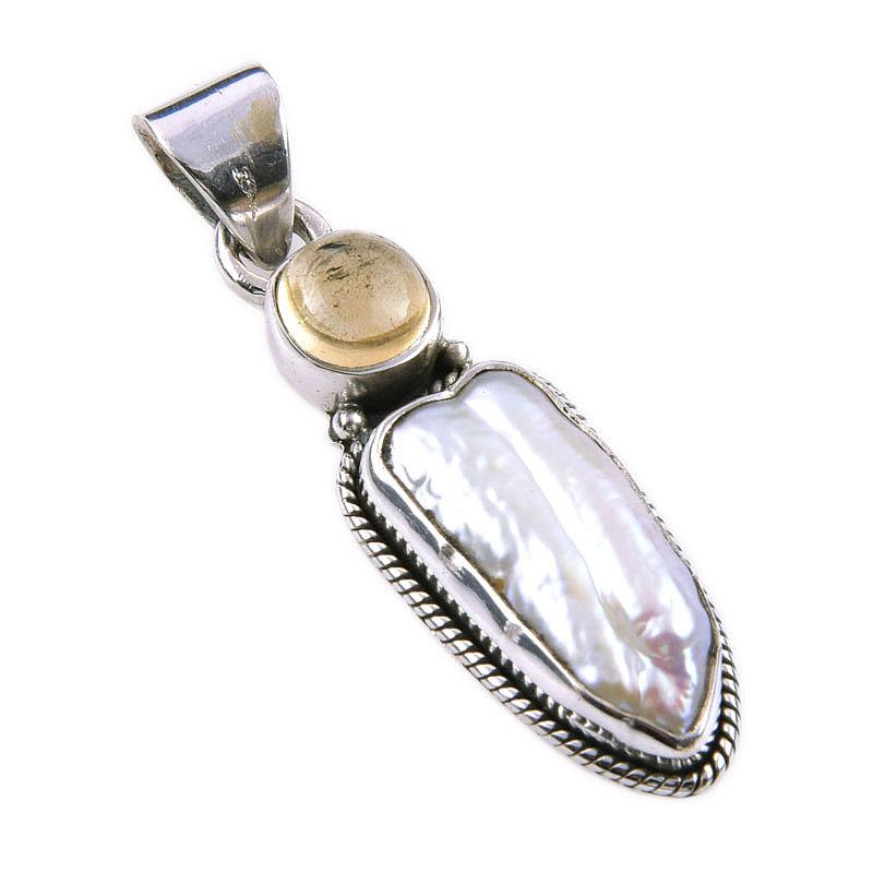 Natural Biwa Pearl, Citrine 925 Solid Sterling Silver Jewelry Pendant 1.75" F2w53