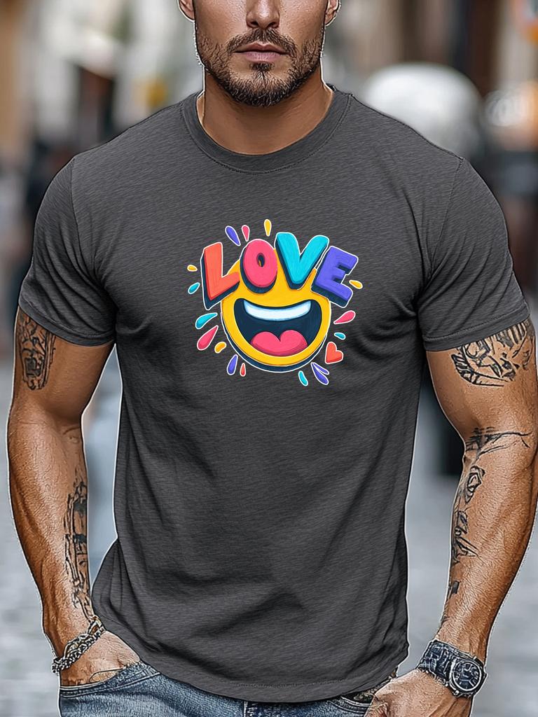 Mens Summer Love TShirt Love Emoji Colorful Print Short Sleeve Round Neck Breathable Oversized Sweet Daily Wear