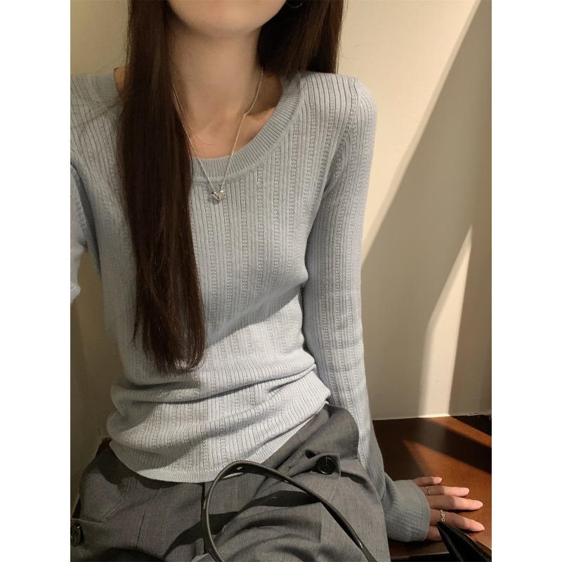 Slim temperament design sense pattern round neck long-sleeved sweater with women's autumn new pure desire top as a base