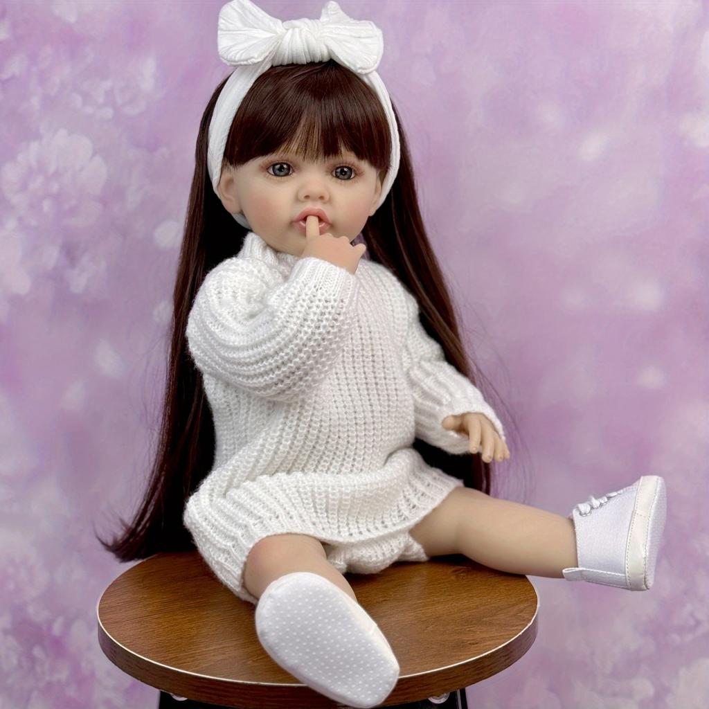 BZDOLL 55CM 22Inch Full Vinyl Body Reborn Baby Girl Doll Dress Up Brown Long Hair Princess Toddler Doll For Child Lovely Birthday Gift Handmade Toy