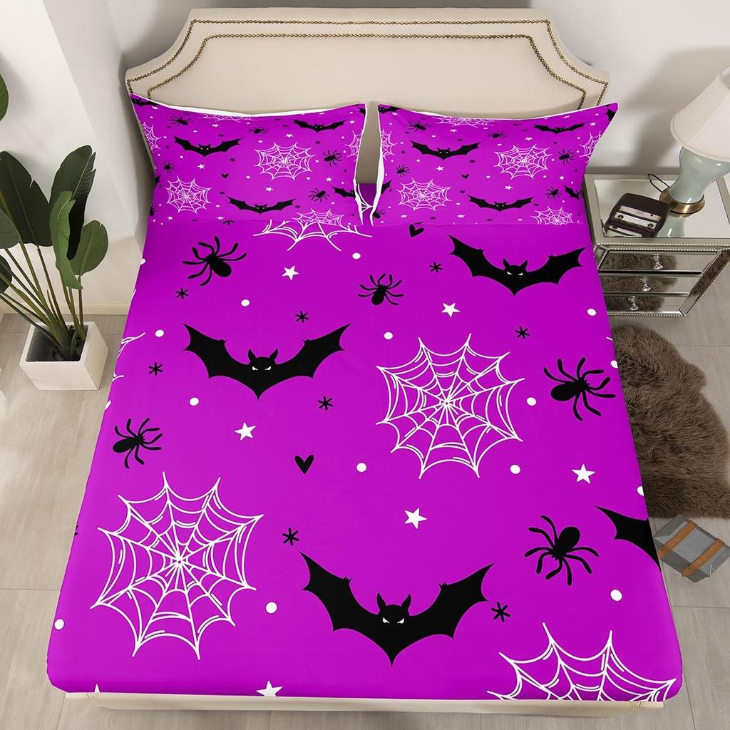 Gothic Spooky Bedding Set Pumpkin Lantern Cute Halloween Bed Sheets for Kids Boys Teens,Ghost Spiderwebs Fitted Sheet Black Cat Cobwebs Bats