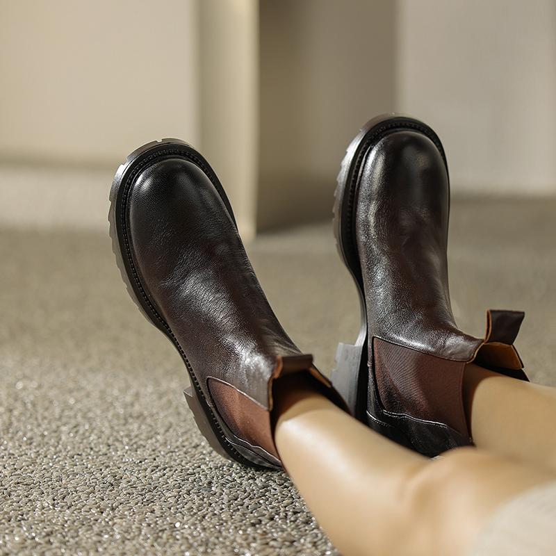 Krazing Pot Cow Leather Autumn Winter Shoes Round Toe Platform Plus Size Basic Clothing Thick Med Heels Slip On Chelsea Boots Women Ankle Boots