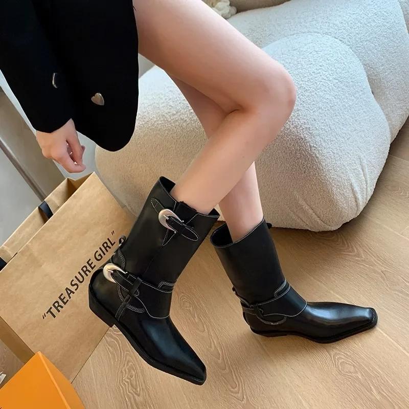 2025 Hot Sale Women's Shoes Mid-Calf Women's Boots Elegant Modern Boots Women Buckle Pointed Toe Slip on Low Heel Shoes Women