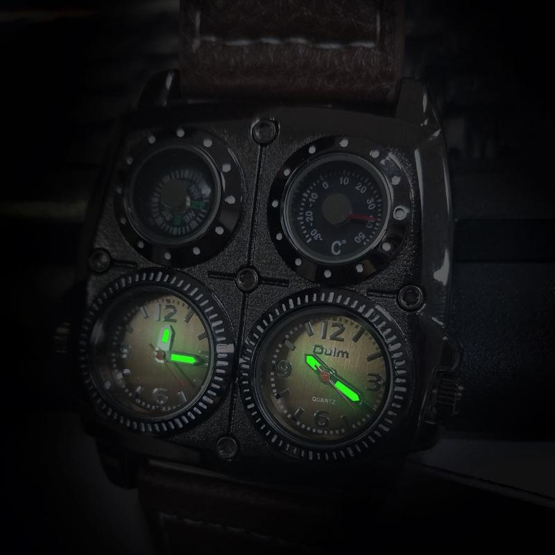 Oulm Fashion Casual Cool Streetstyle Men's Watch Double Time Zone Large Dial Luminous Leather Strap Men's Quartz Watches reloj