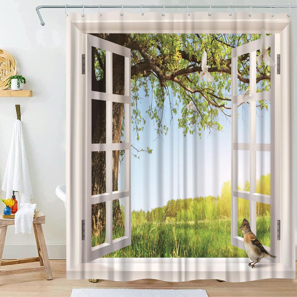 

Waterfall Shower Curtain Natural Landscape Outside Window Scenery Forest Flowing Stream Bathroom Decor Polyester Bath Curtains W60H190(CM)-1 Pcs