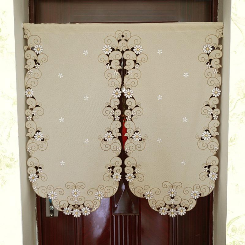 Rideau Court Kaki Clair Tissu Brodé Rideau de Porte Marguerite Rideau Élégant pour Chambre Salon Salle de Bain Cuisine, Sans Tringle, 1 pièce