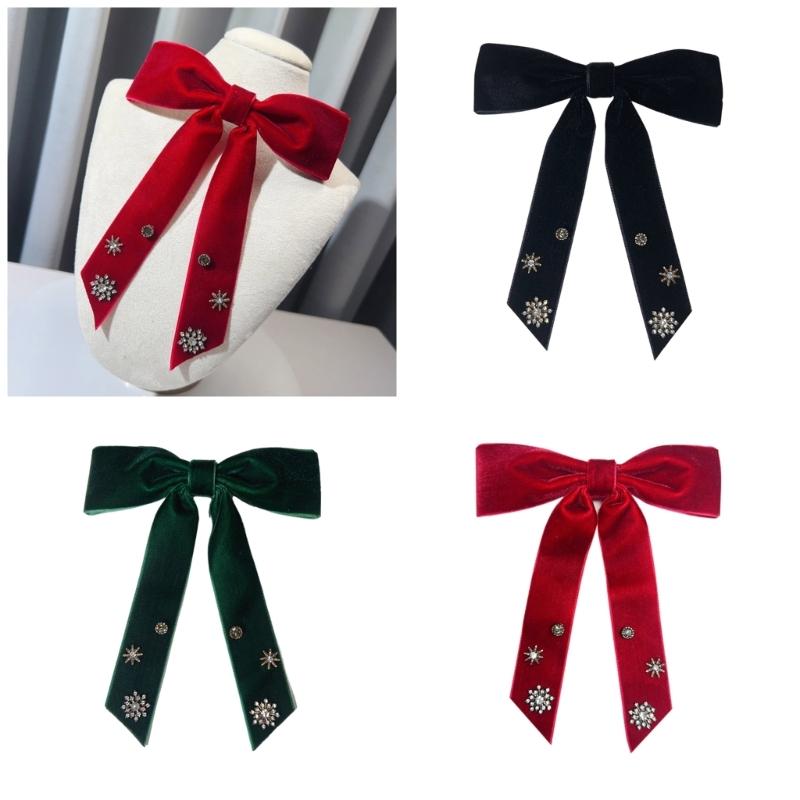 Luxurious Velvets Bowknot Clip On Brooch with Rhinestones Snowflake for Christmas Parties Pre Tied Bows Tie Necktie
