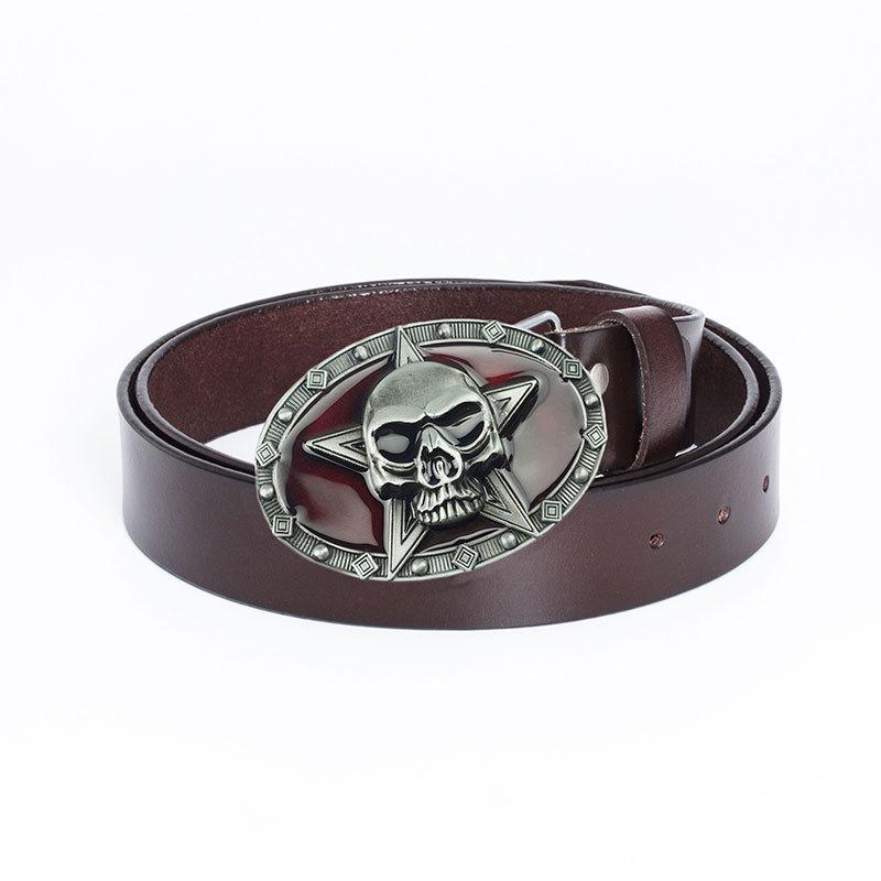 Lotte Jinsen Retro Leather Skull & Star Youth Belt, Trendy Fashion Cowhide Waistband