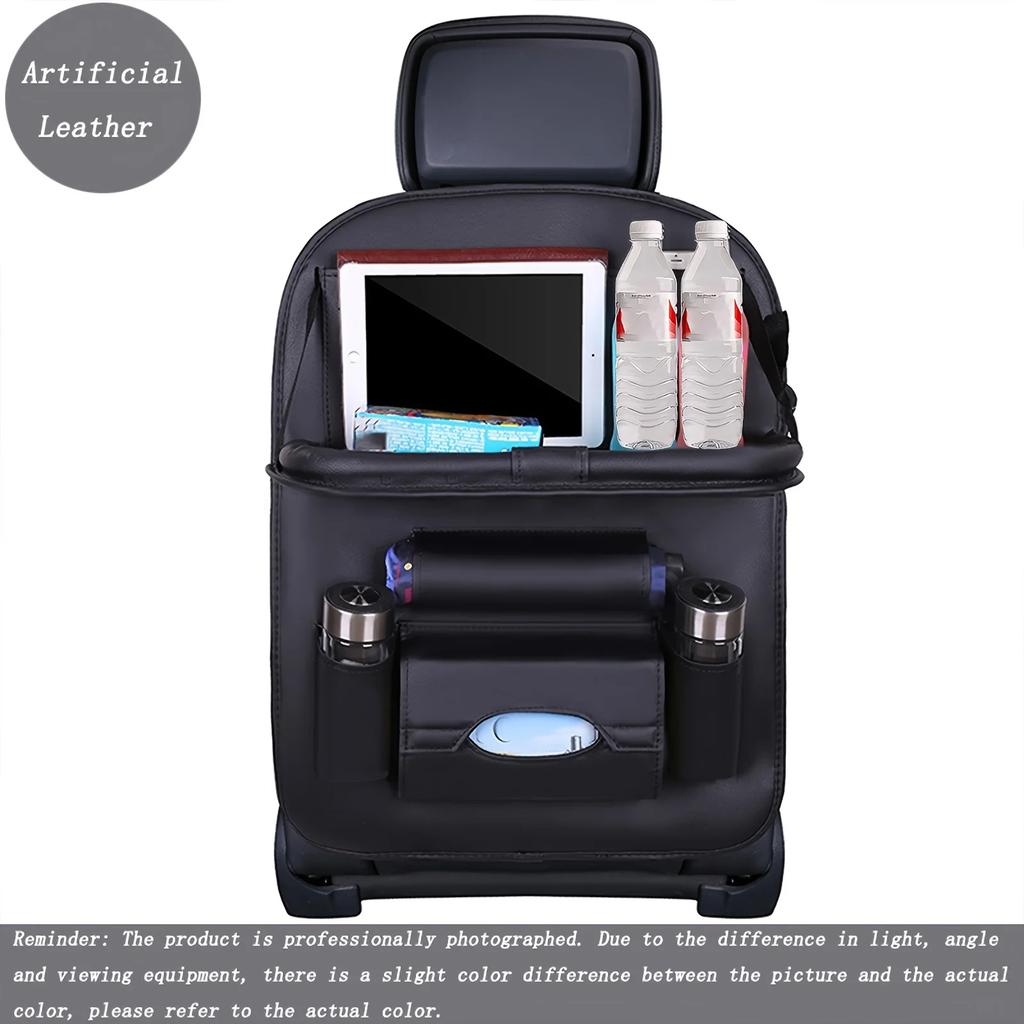 Luxury PU Leather Car Seat Storage Bag - Multifunctional Suspended Tray With Handle Ideal for Snacks Books & Toys Organizer