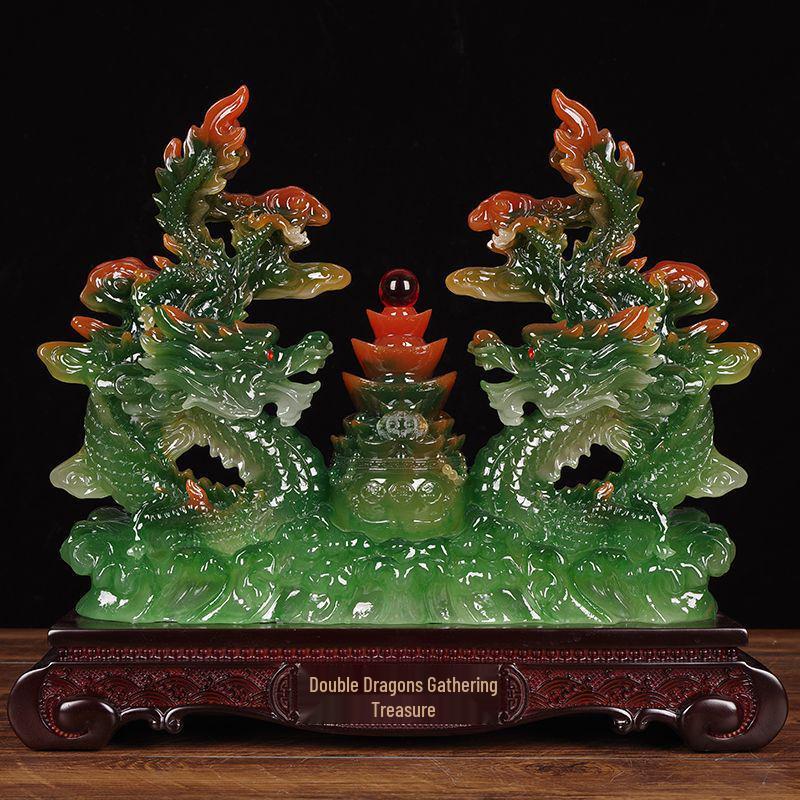 Double Dragon Zodiac: Green Dragon Ornament for Wealth and Prosperity - Perfect for Living Room, Office, Housewarming, or Opening Gifts.