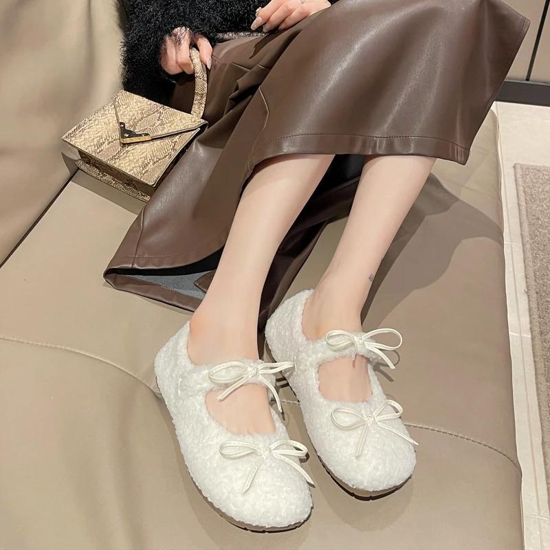 Sweet Bowknot Lambswool Ballet Flats Woman Winter Warm Plush Loafers Ladies Fur Round Toe Mary Jane Shoes