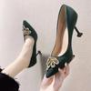 Women's Stiletto Single Shoes Fashion New Pointed Toe Suede Shallow Rhinestone Metal Crown Pump Heels