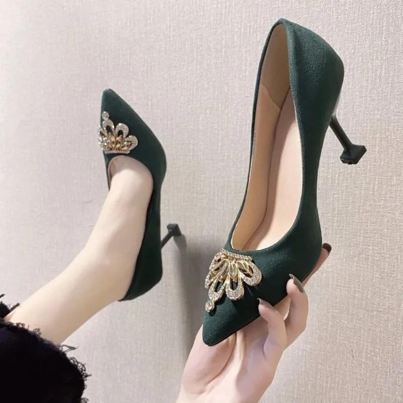 Fashion Women's Stiletto Single Shoes Fashion New Pointed Toe Suede Shallow Rhinestone Metal Crown Pump Heels