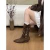 New 2025 New Suede Pointed Toe Thick Heel Mid-heel Boots High Heel Stack Boots Western Cowboy Boots Women