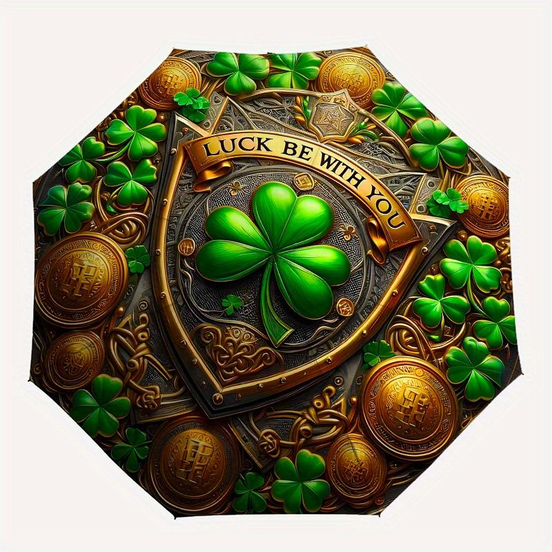 Four-Leaf Clover Luck Charm Decorative Plaque Umbrella, Cute Umbrella with Cute Design, Portable 3-Fold Compact Umbrella for Men & Women, Valentine's