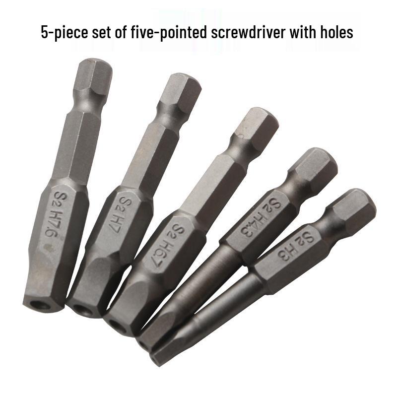 5-teiliges 5-Zahn 50mm sandgestrahltes S2 Sternschraubendreher-Bit-Set mit Mittelloch