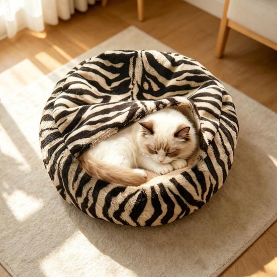 Plüsch-Katzenbett mit Kapuze, halbgeschlossenes beruhigendes Nest, selbstwärmende Höhle, gemütliches Bett für Wohnungskatzen oder kleine Hunde, abnehmbarer waschbarer Bezug mit
