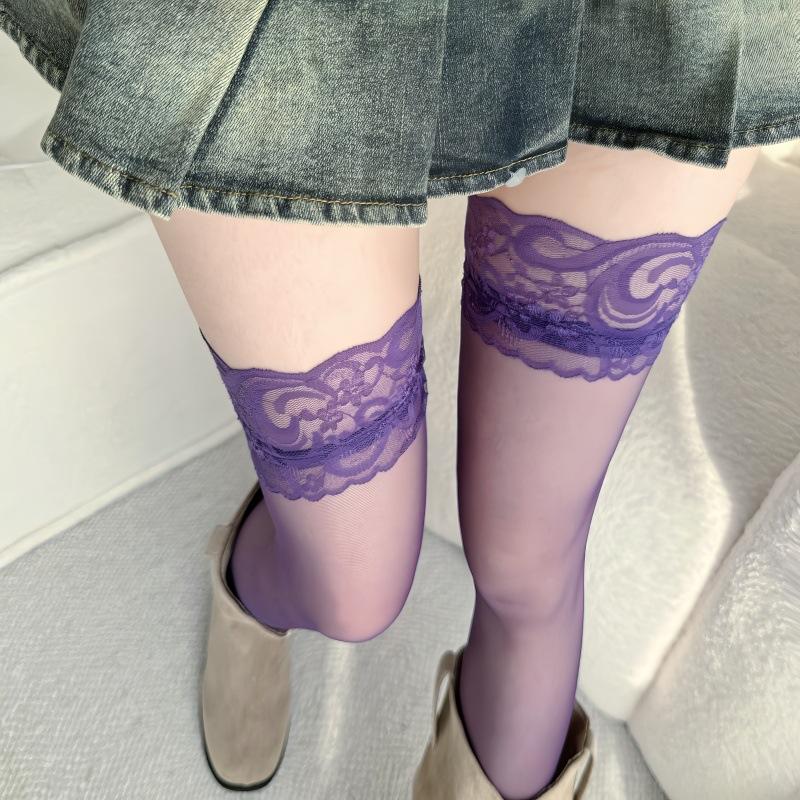 Summer lace long tube ultra-thin knee stockings thigh socks black silk high socks purple pink