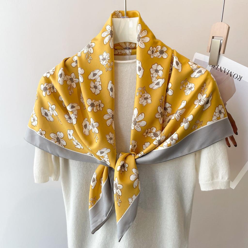 Headscarf Printed Twill Silk Large Square Scarf Small Fragrant Silk Scarf Women'S Anti-Sun Scarf Decorative Scarf Shawl 90Cm