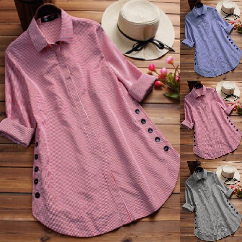 Lado impresión cuadros casual botones blusas manga larga Irregular para  mujeres Plus Size comprar a buen precio — entrega gratuita, reseñas reales  con fotos — Joom