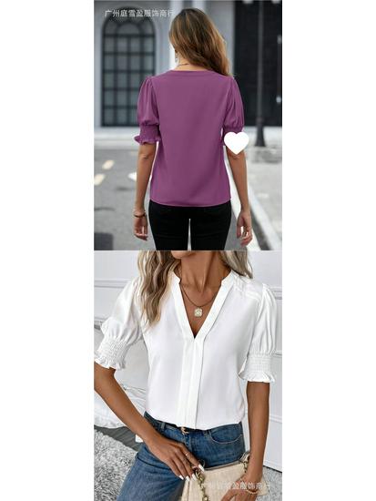 Women's Summer V-Neck Puff Sleeve Solid Color Top