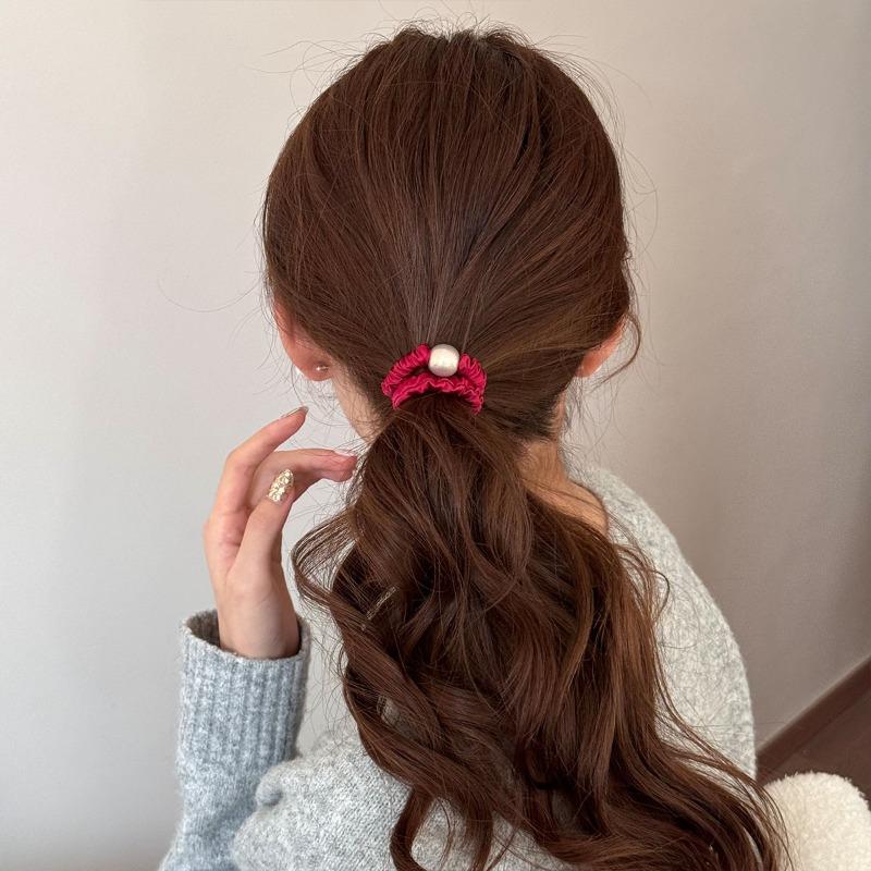 Red Satin Pleated Small Intestine Hairband Elastic Hair Tie Bun Hairpin Scalp Hair String Hair Accessory
