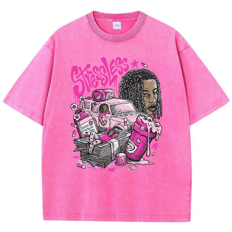 Woman Washed T-Shirts Stressless Funny Manga Print Short Sleeve Cotton Distressed Oversized Crewneck Tops Street Clothes