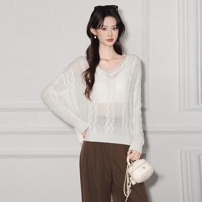 Women's Lace-Trimmed V-Neck Knit Pullover