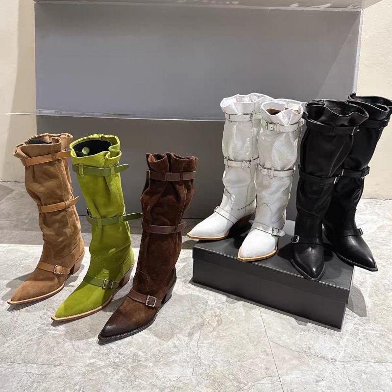Autumn and winter new fashionable high-heeled metal belt buckle pointed western cowboy boots women's pleated thick-heeled women's boots