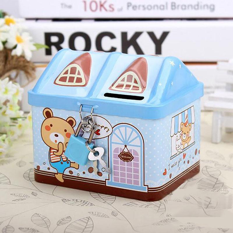 

New Metal House Shape Piggy Bank Coin Safe Storage Box Child Piggy Banks Key Lock Money Box Creative Children Gift синій