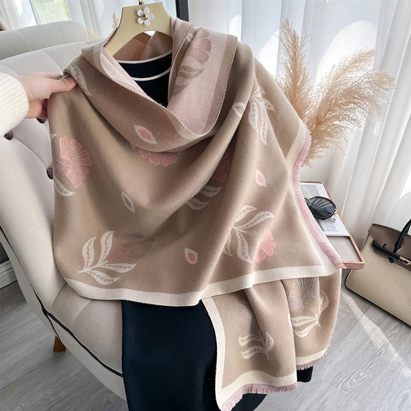 Autumn And Winter Plants, Small Fresh Flowers, Simple And High-End Printing, Women'S Imitation Cashmere Warm Scarf, Shawl Scarf