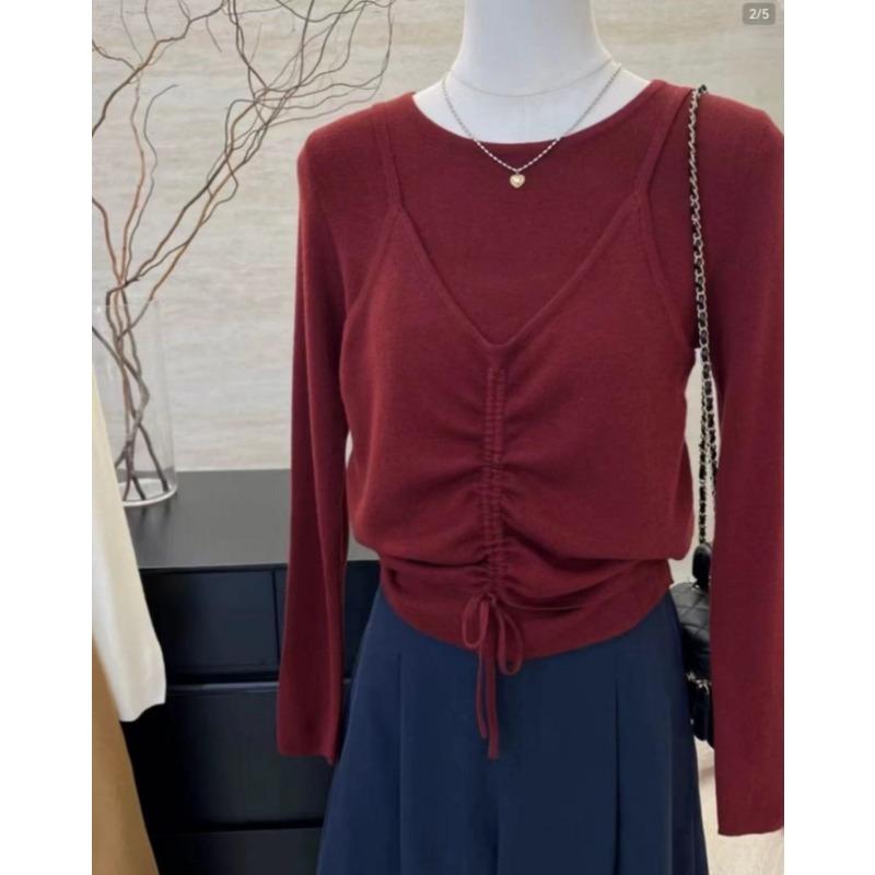 Crew Neck Fake Two-piece Knitted Sweater Women's Autumn New Design Sense Gentle Drawstring Versatile Bottoming Shirt Women