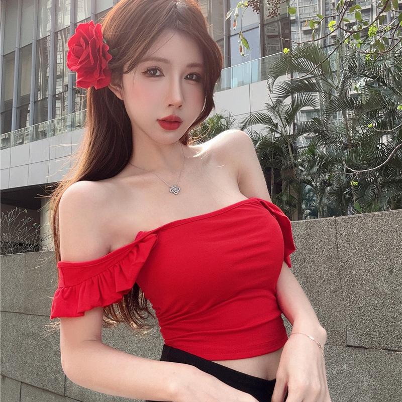 Summer New French Slim Fit and Thin Waist Square Neck Small Flying Sleeve T-shirt Spice Girl Pure Desire Sexy Top