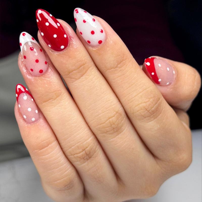 Candy Color Polka Dot Short Almond False Nails - Wearable Nail Art Tips