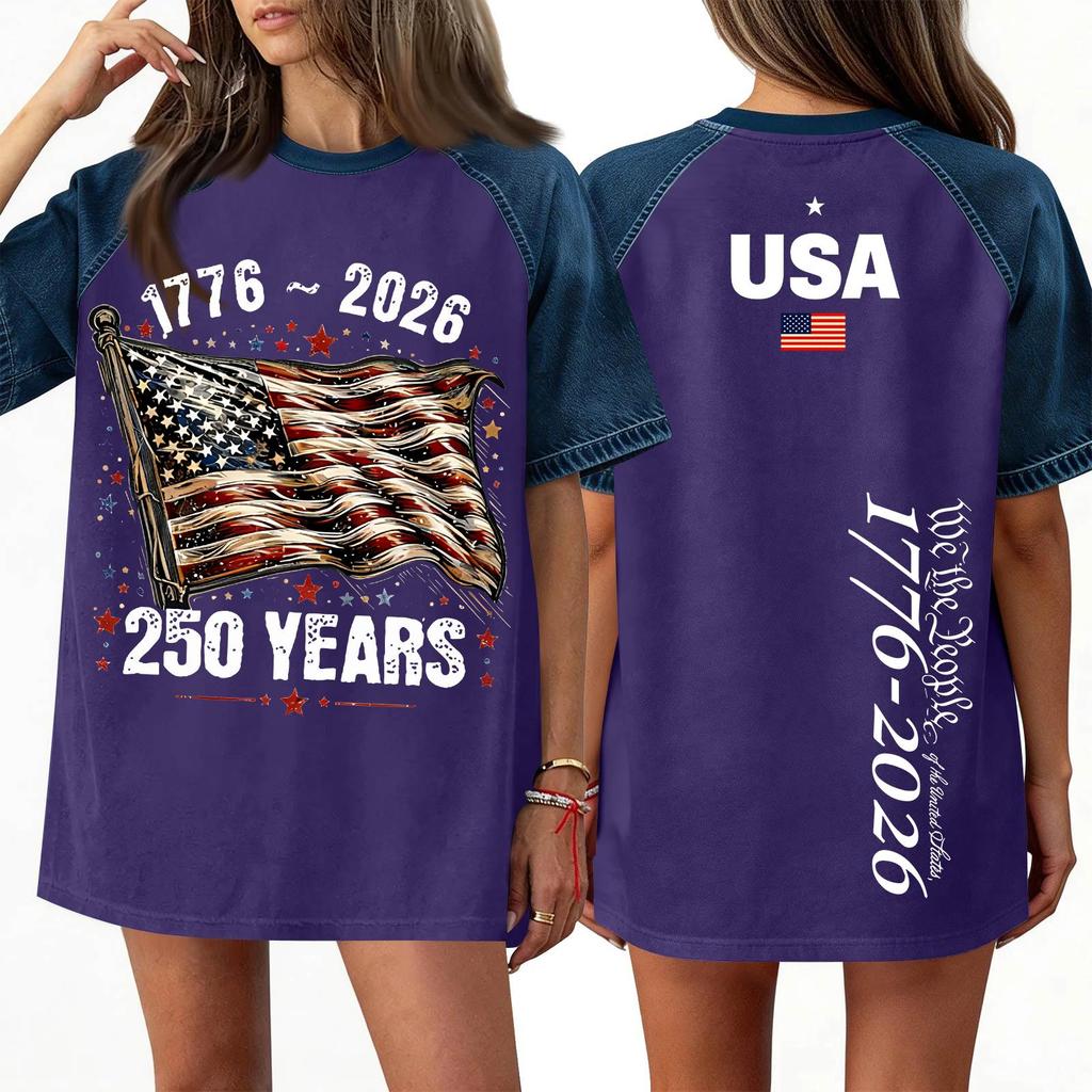 Women's Denim Patchwork Top, Casual Short-sleeved Comfortable T-shirt, Fashionable For Spring And Summer.
