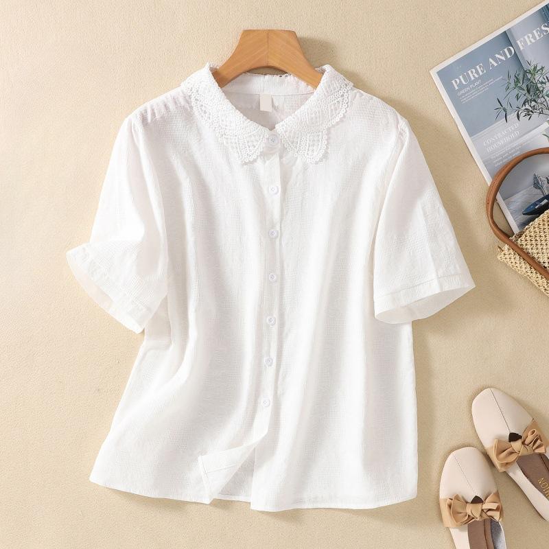 

Летняя литература свободная однотонная рубашка из хлопка и льна с жаккардом с короткими рукавами женская рубашка верх блузки и рубашки 2XL белый