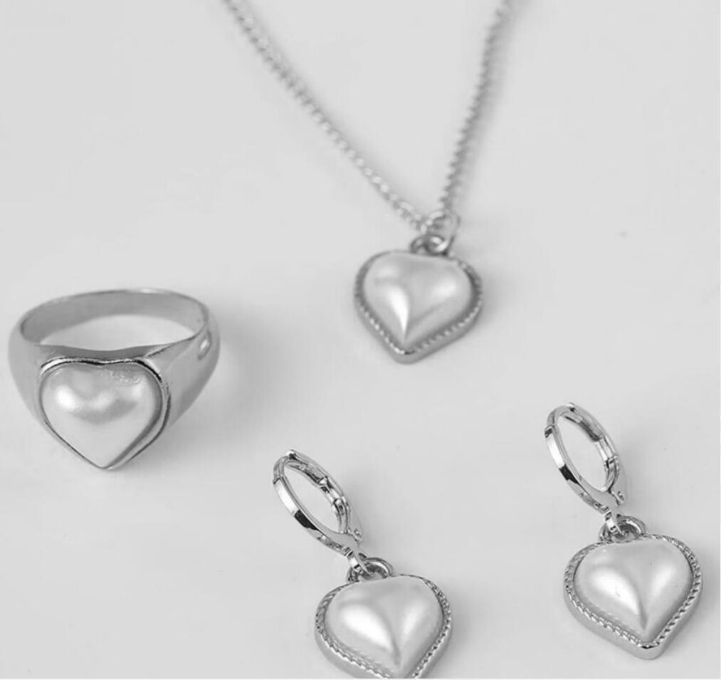 3 Pcs/Set Round Pearl Pendant Necklace For Women Exquisite Fashion Rhinestone Double  Earring Wedding Jewelry Set Gift
