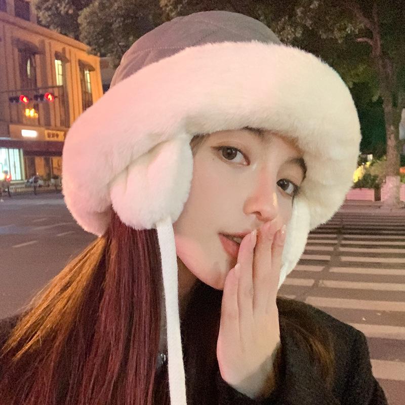 Add Velvet and Thicken Winter Shopping Ear Protection and Cold Warm Hat for Women's Hairy Lei Feng Hat Casual Trend Fisherman Hat