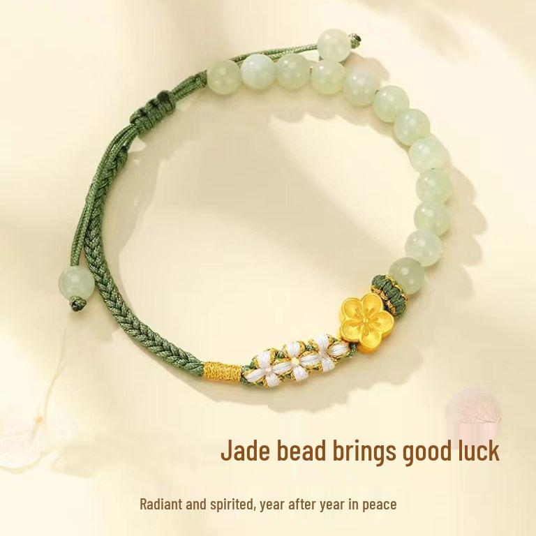 Vietnam Gold Sand Peach Blossom Bracelet for Women: Woven Rope with Imitation Hetian Jade - Perfect Gift for Bestie