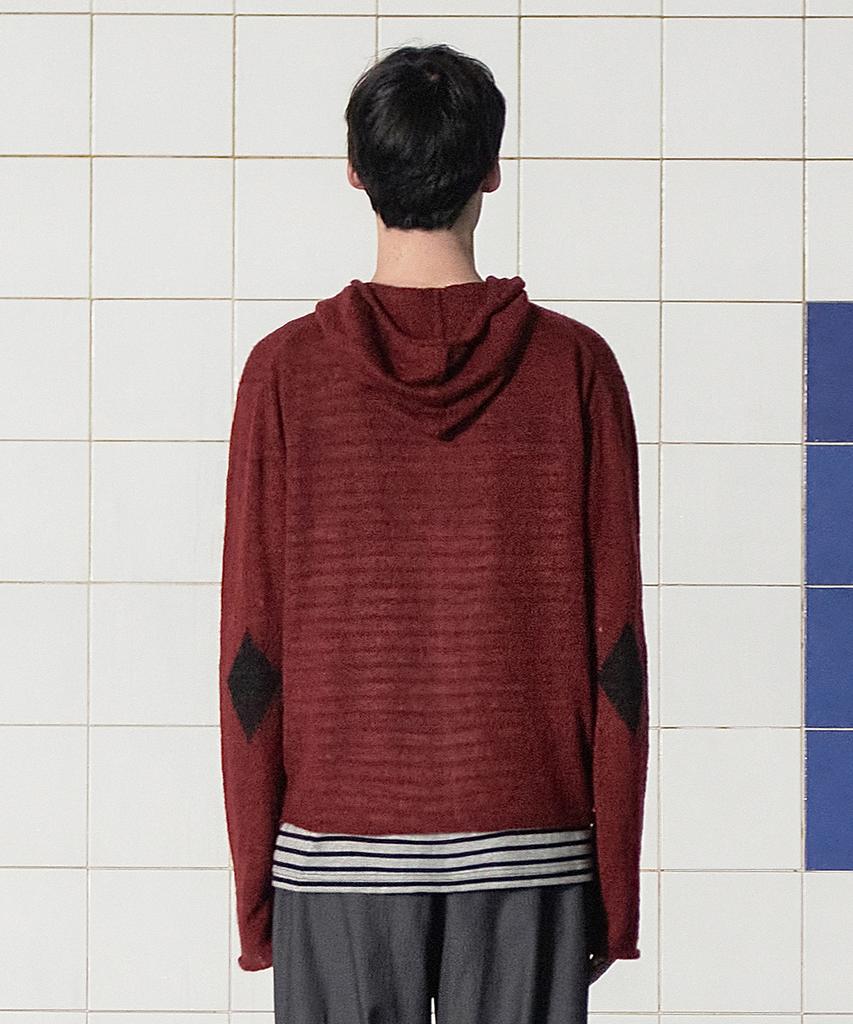 Unalloyed Argyle Elbow Knit Zip-Up Hoodie / Burgundy